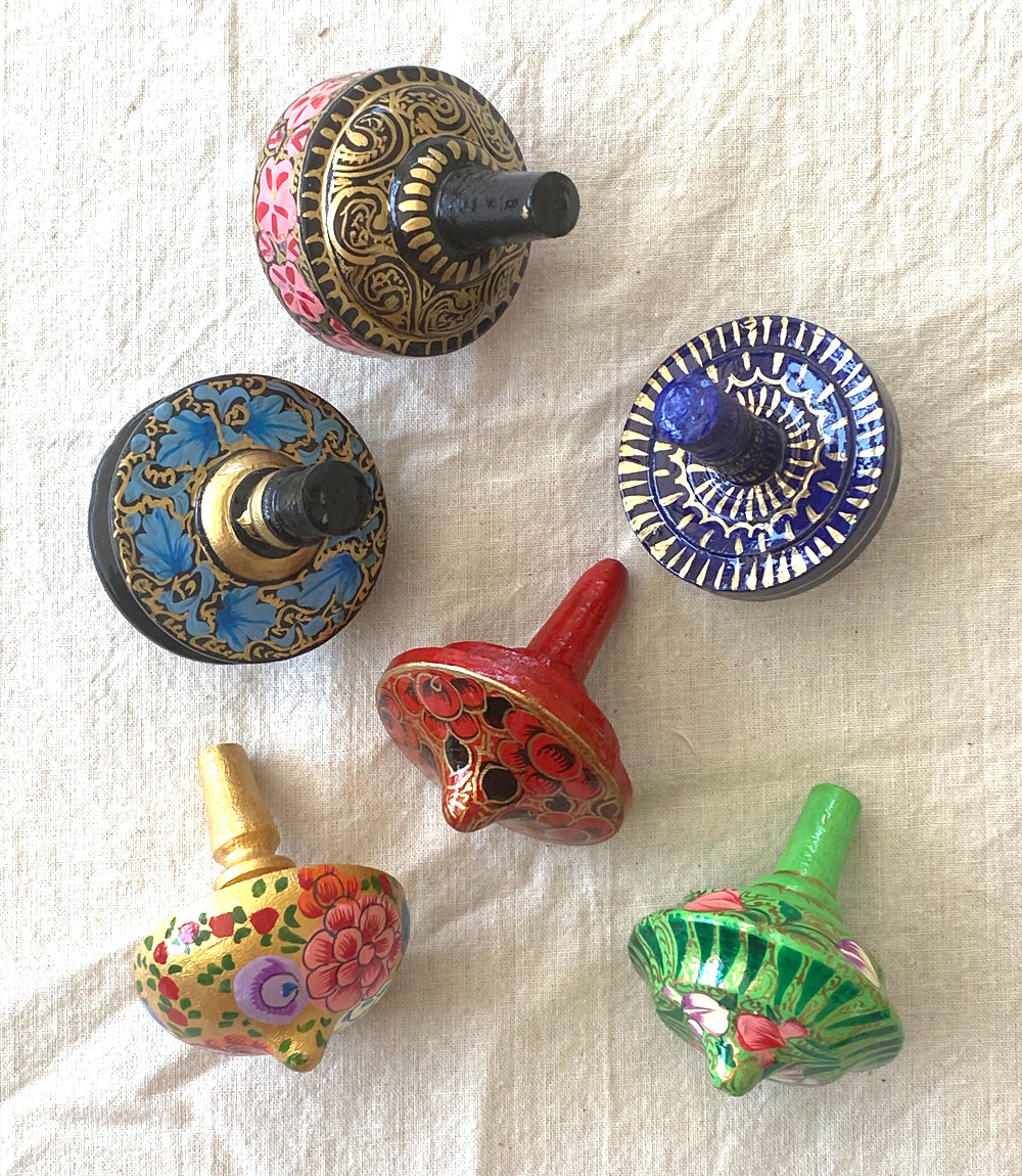 Willow Wood Painted Spinning Tops - Set of 6